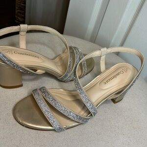 Cusolemore Sparkly Strappy Metallic Rhinestone  Glam Wedding Chunky Heel Shoes 7